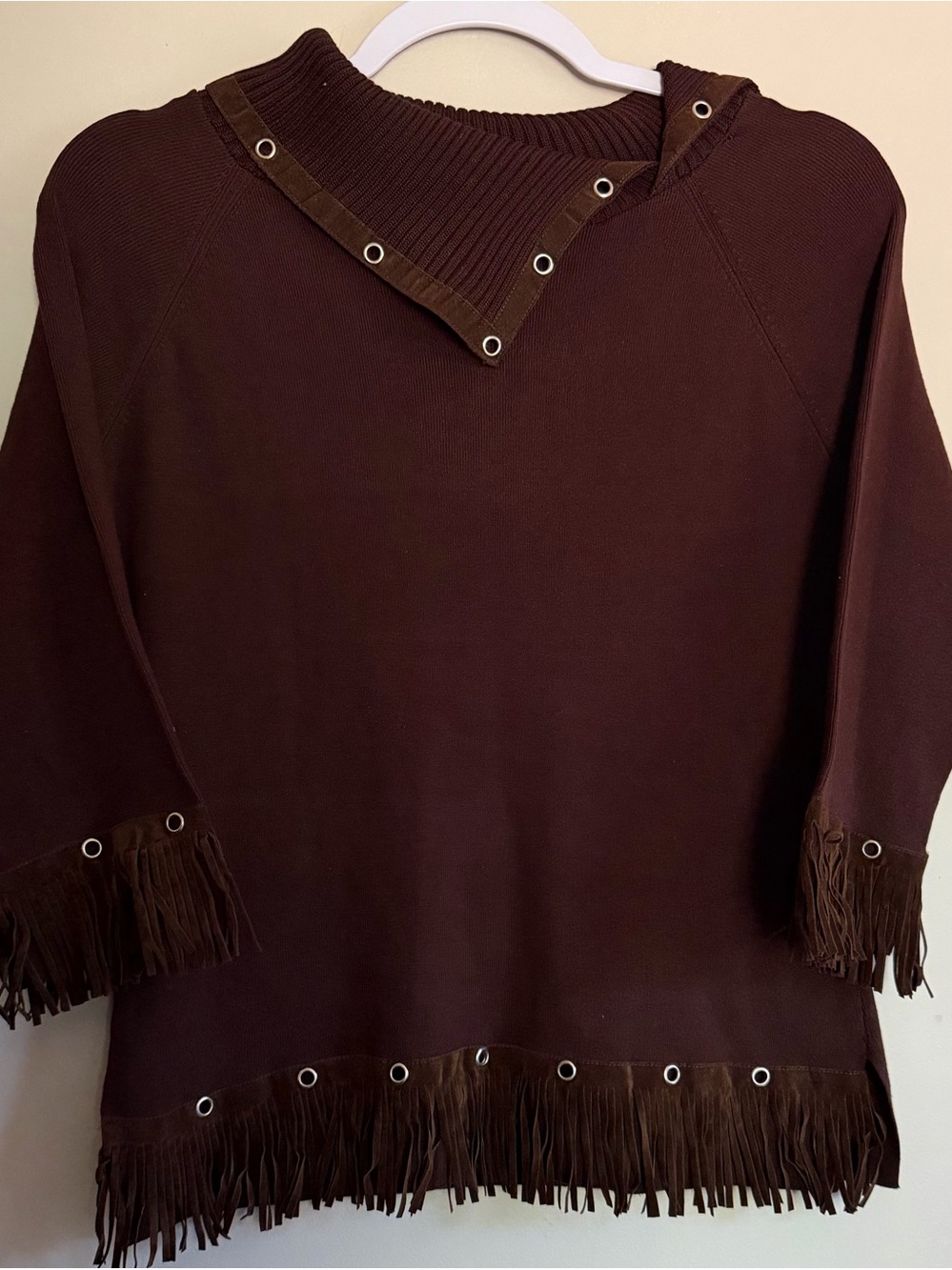 NWT Joseph A. Asymmetric Snap Neck Fringe Sweater - Brown Size Womens Large
